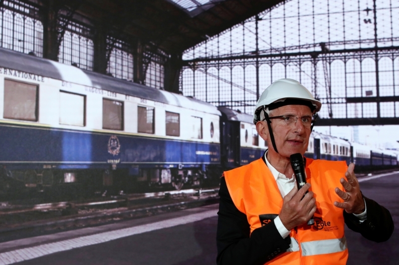 Guillaume Pepy, président du groupe SNCF, en visite sur le chantier Eole le 13 mai.