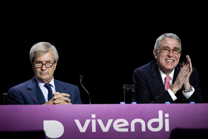 Vincent Bolloré et Arnaud de Puyfontaine lors de l'assemblée générale de Vivendi du 19 avril 2018.